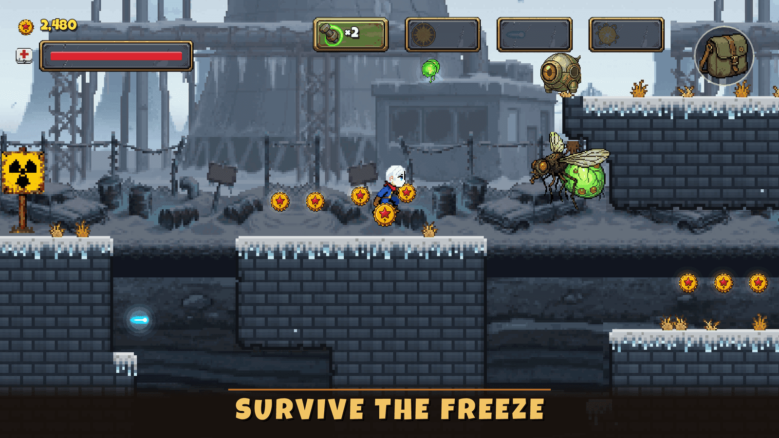 Cass on snowy steel platforms in The Freeze, with a giant mutant fly overhead