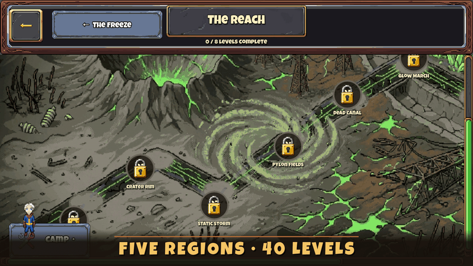 Map of The Reach, one of the five regions, with its levels still locked
