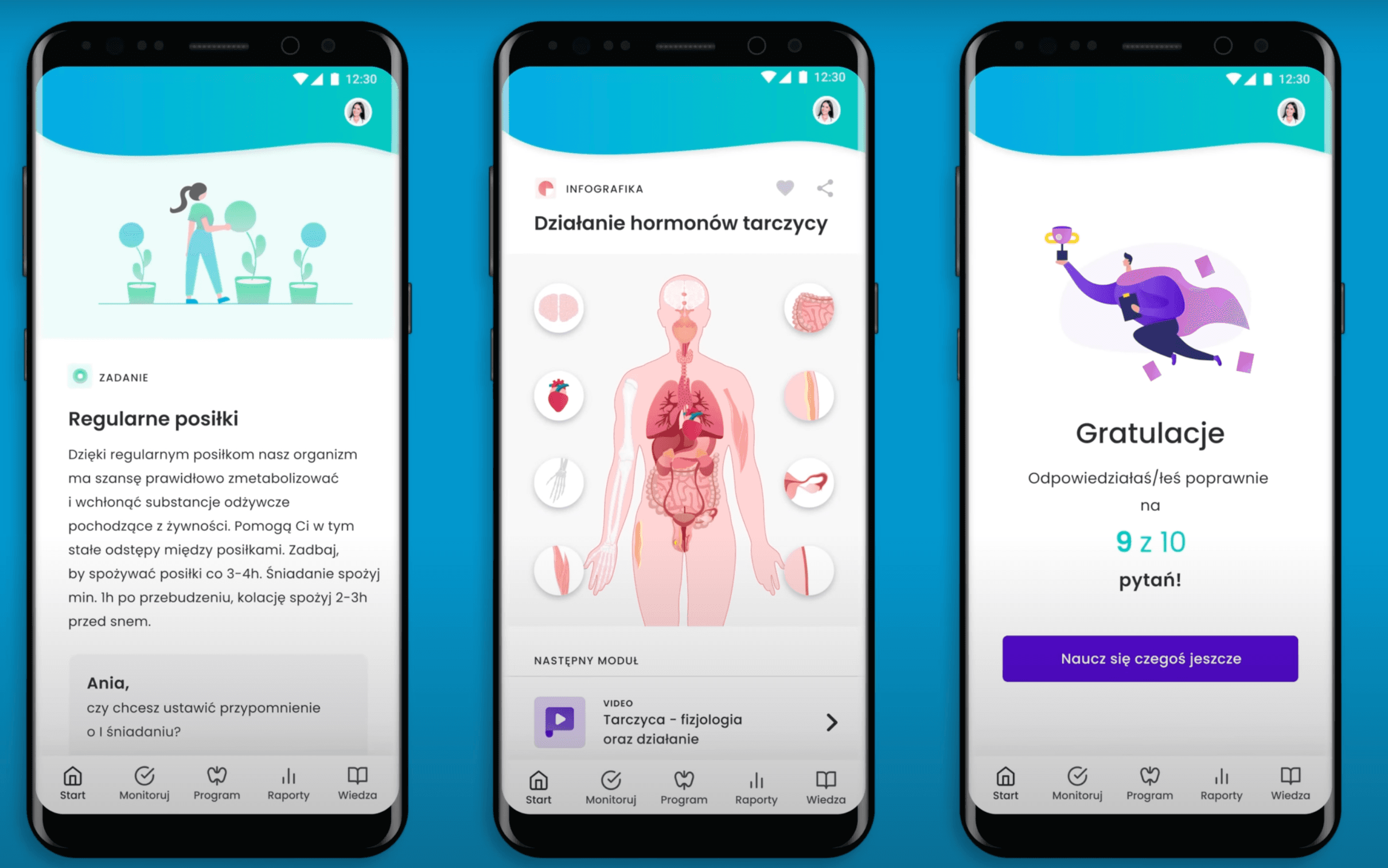 Three Hashiona screens in Polish: a regular-meals task, an infographic on thyroid hormones and a quiz result