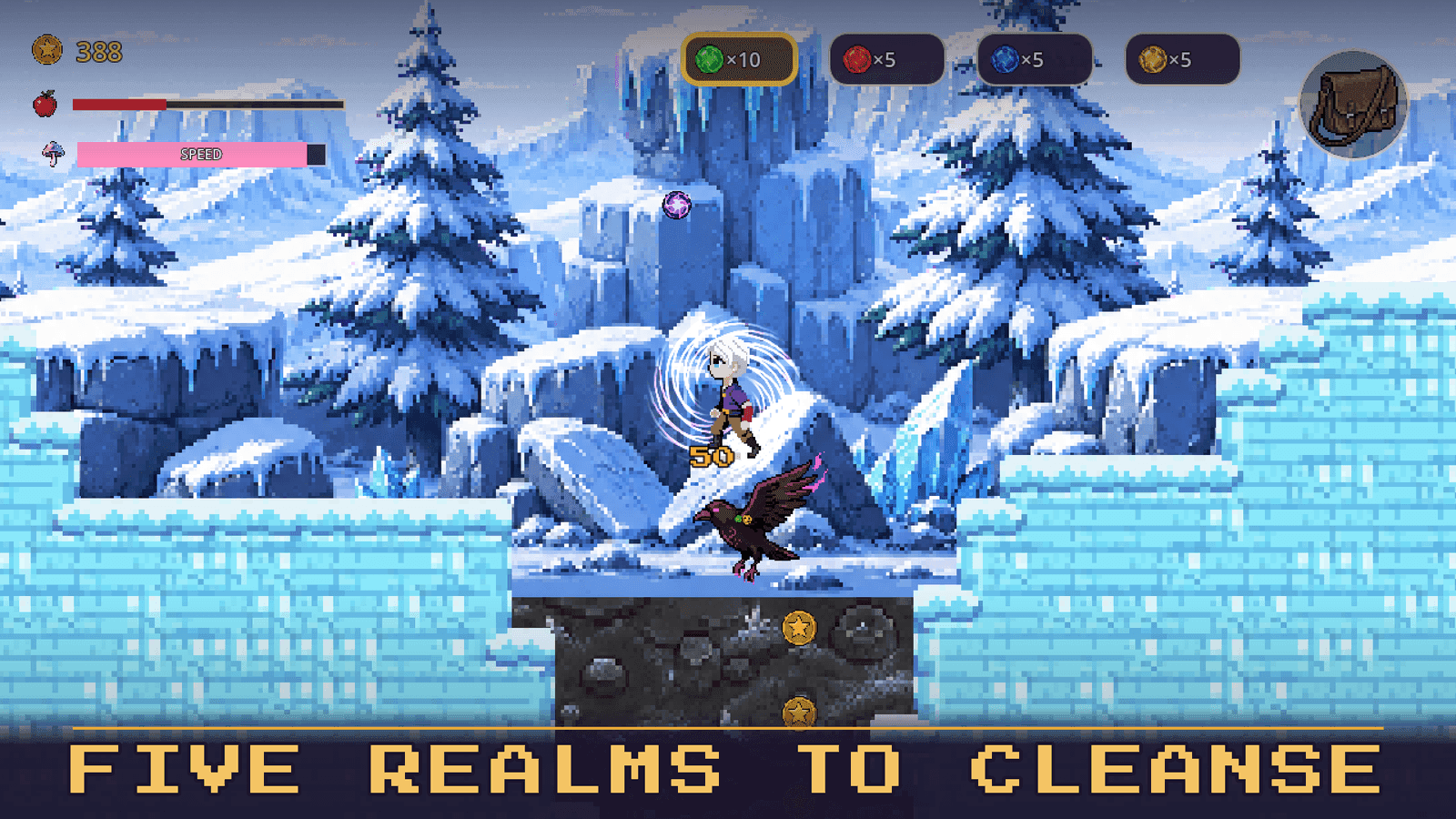 Rowan fights a crow among snow-covered pines and ice