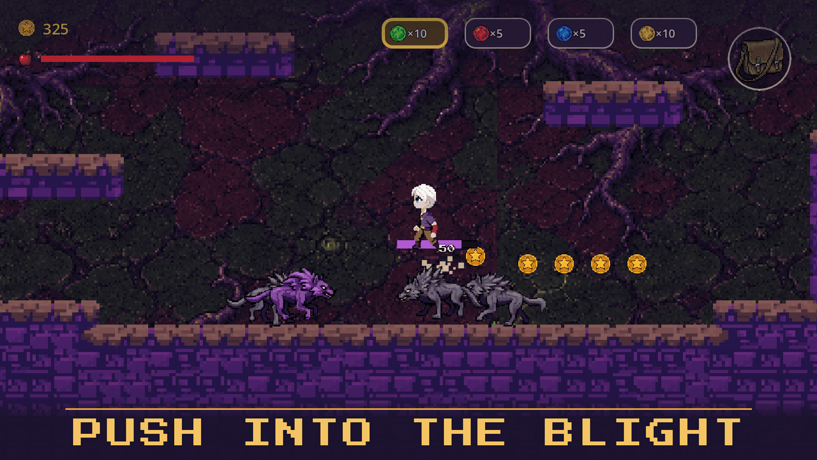 Rowan fights corrupted wolves on purple stone